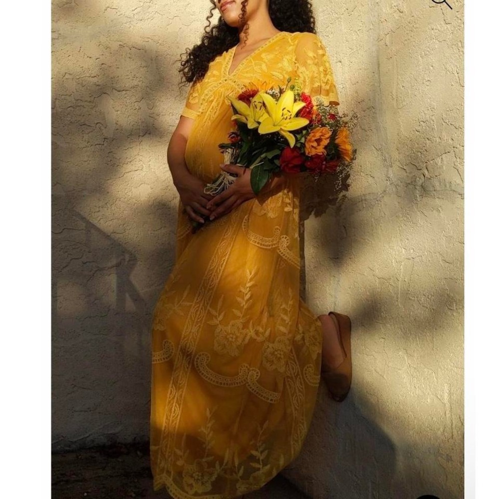 PinkBlush Mustard Lace Mesh Overlay Maxi Dress